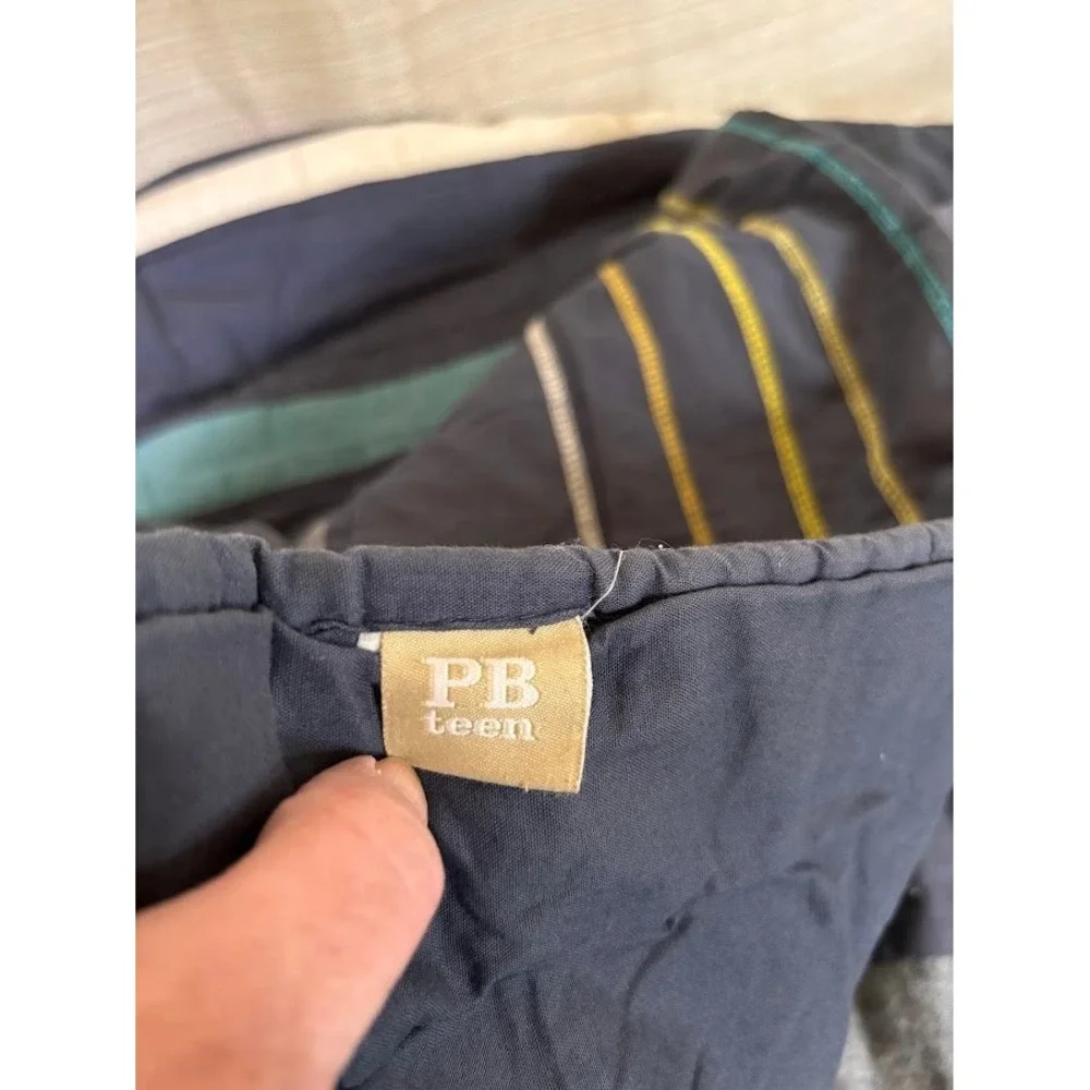 Pottery Barn Teen Queen Striped Comforter Navy Blue Grey Teal Embroidered PBteen